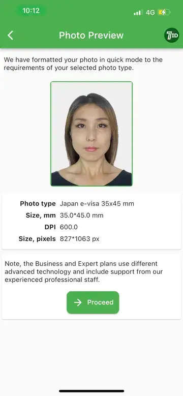 Aplicació 7ID: exemple de foto de visat japonès