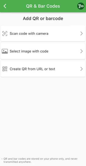 7आईडी ऐप: एक क्यूआर या बार कोड जोड़ें