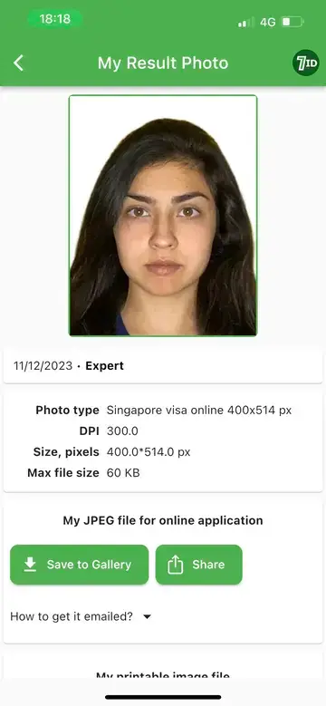 Primjer fotografije za vizu za Singapur