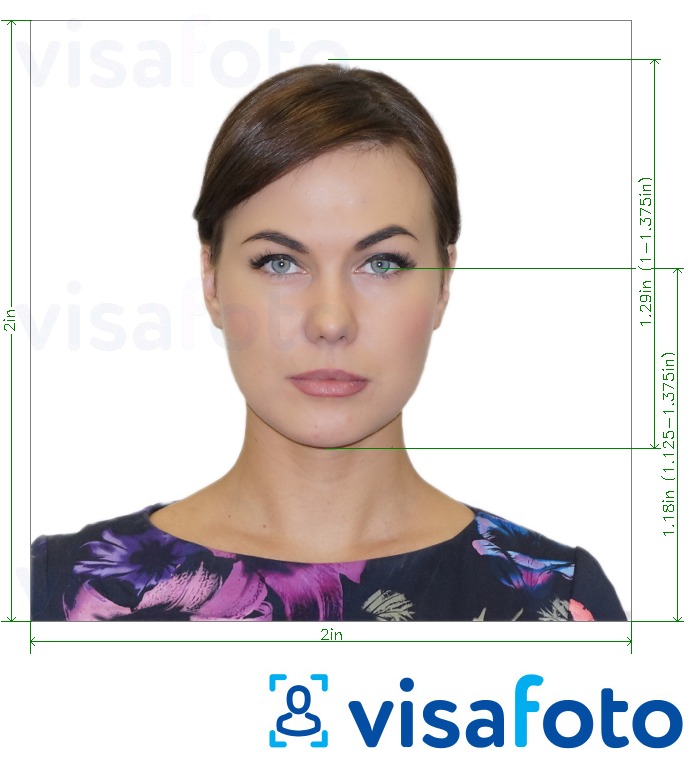 Նկարի օրինակ  ԱՄՆ-ի Visa 2x2 դյույմ (51x51mm)-ի համար ճշգրիտ չափորոշիչով։